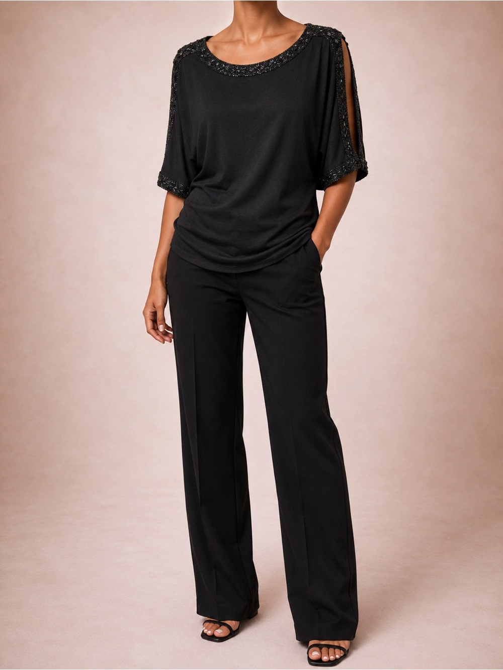 Ralph Lauren Black Beaded-Sleeve Blouse